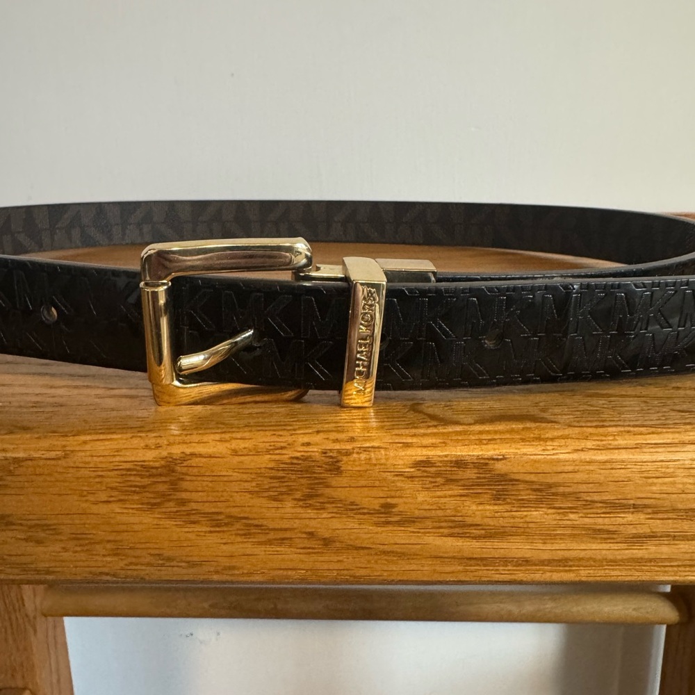 Michael Kors Reversible Black Patent Leather and Brown Leather Monogram Belt